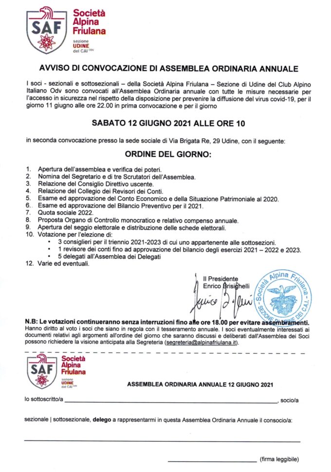 Assemblea Ordinaria SAF – sabato 12 giugno 2021